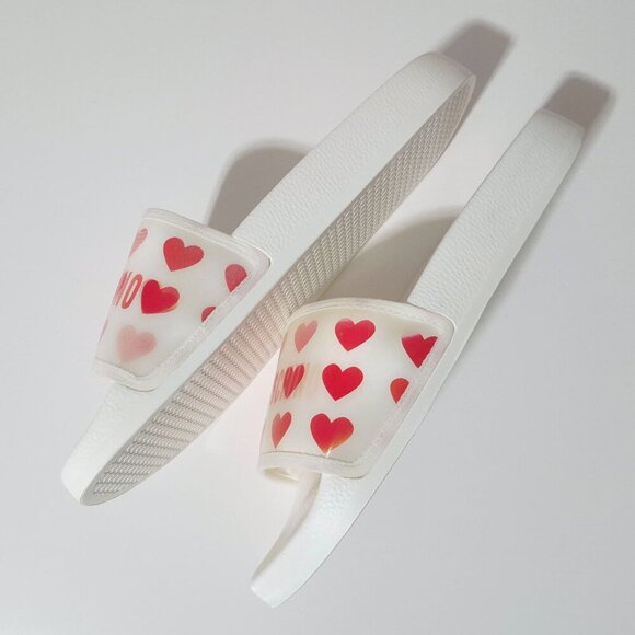 NWOT Love Moschino red & white heart print hologram flat pool slide sandals, 41 - Picture 12 of 16